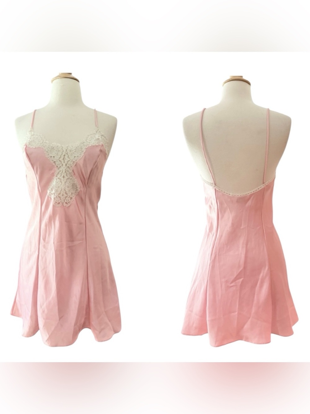 Vintage Pink Satin Slip Dress Chemise with White Lace Detail, Baby Pink, Small